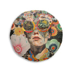 Vibrant Psychedelic Portrait Floor Pillow front view with bold mixed-media collage of sunflowers, painted faces and lace textures on a round cushion