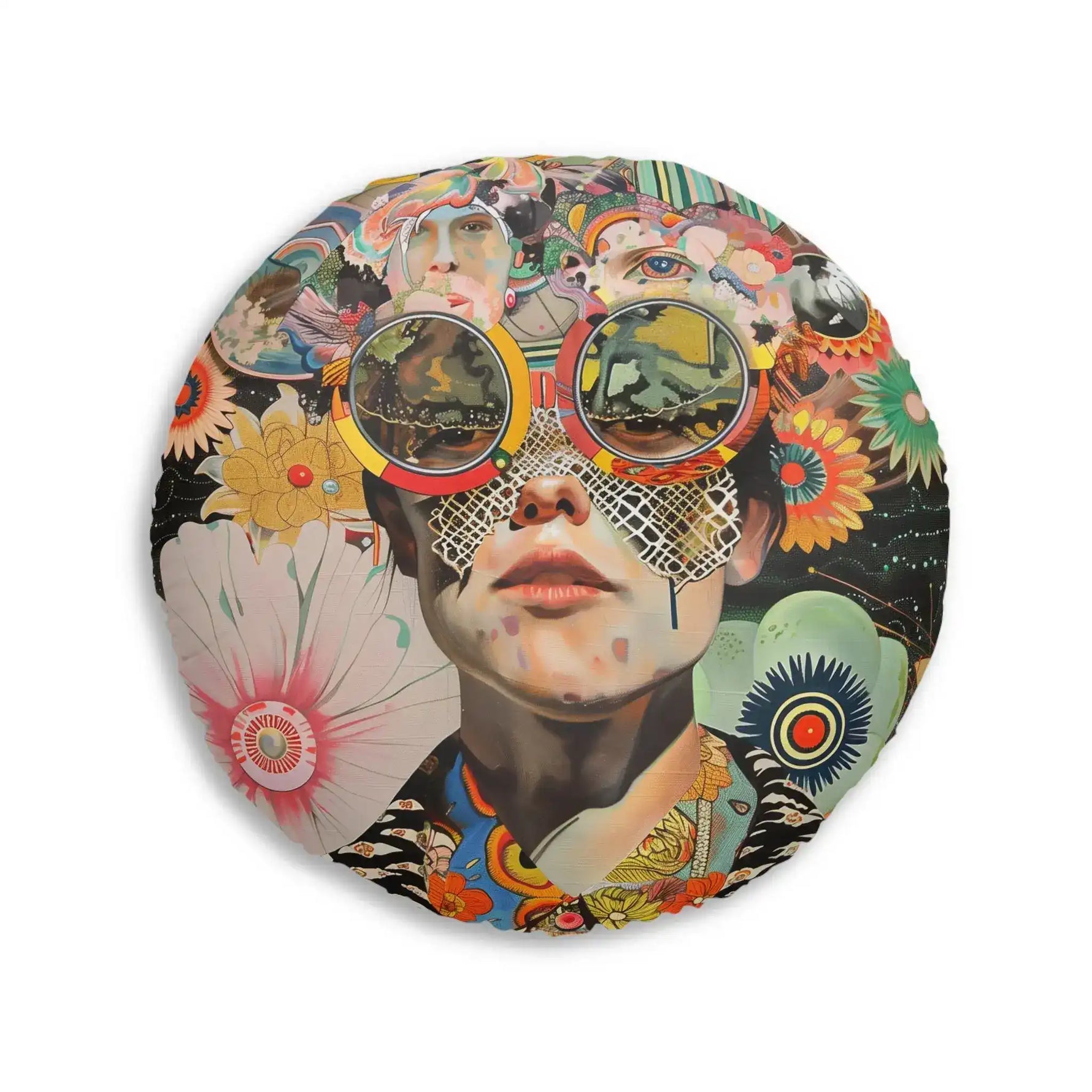 Vibrant Psychedelic Portrait Floor Pillow front view with bold mixed-media collage of sunflowers, painted faces and lace textures on a round cushion