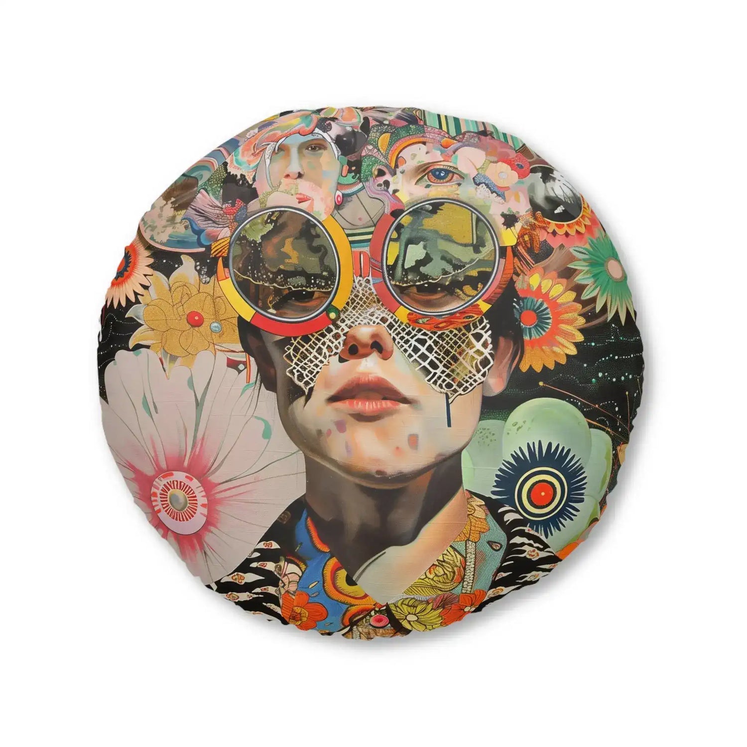 Vibrant Psychedelic Portrait Floor Pillow showing collage portrait with round mirrored goggles surrounded by bold flowers and surreal figures, side crop