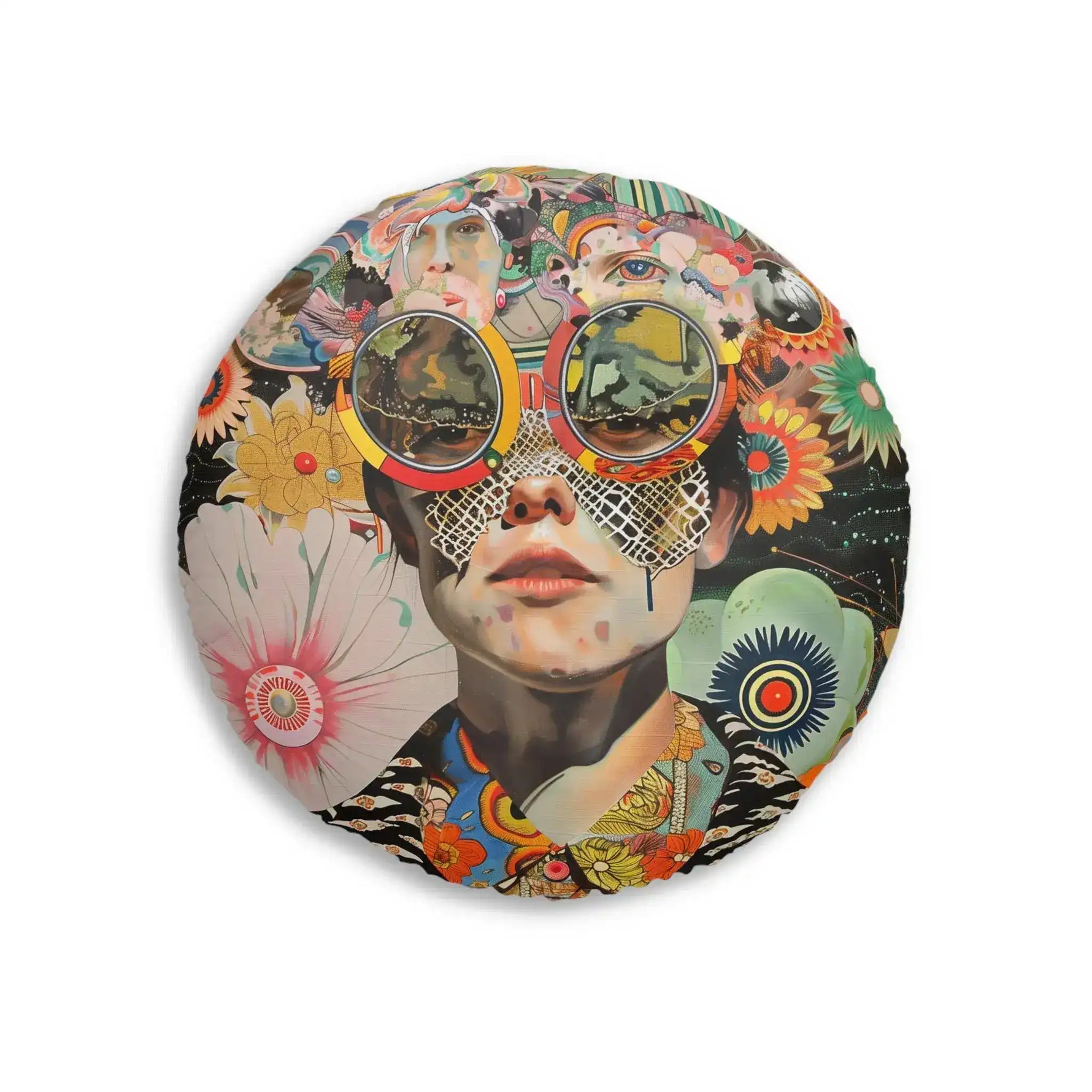 Vibrant Psychedelic Portrait Floor Pillow full front featuring pop-art face collage with reflective goggles, multicolor florals and layered surreal imagery