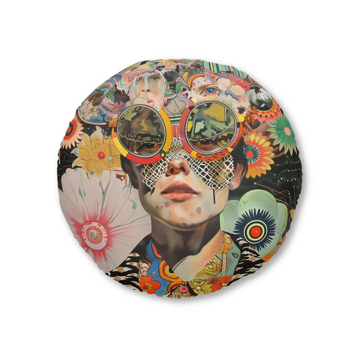 Round Vibrant Psychedelic Portrait Floor Pillow with collage art face, oversized reflective goggles, colorful florals and surreal multi-figure elements