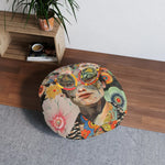 Vibrant Psychedelic Portrait Floor Pillow styled on a wood floor beside a rustic shelf with plants showing psychedelic collage art in a cozy setting