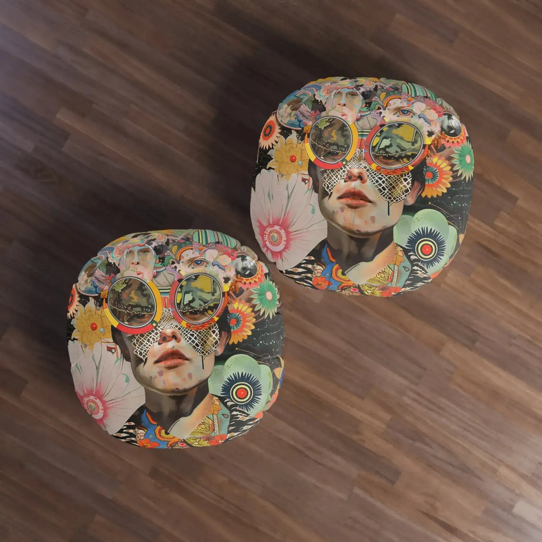 Pair of Vibrant Psychedelic Portrait Floor Pillows on wood floor seen from overhead with vivid floral collage art faces and multicolor patterned fabric