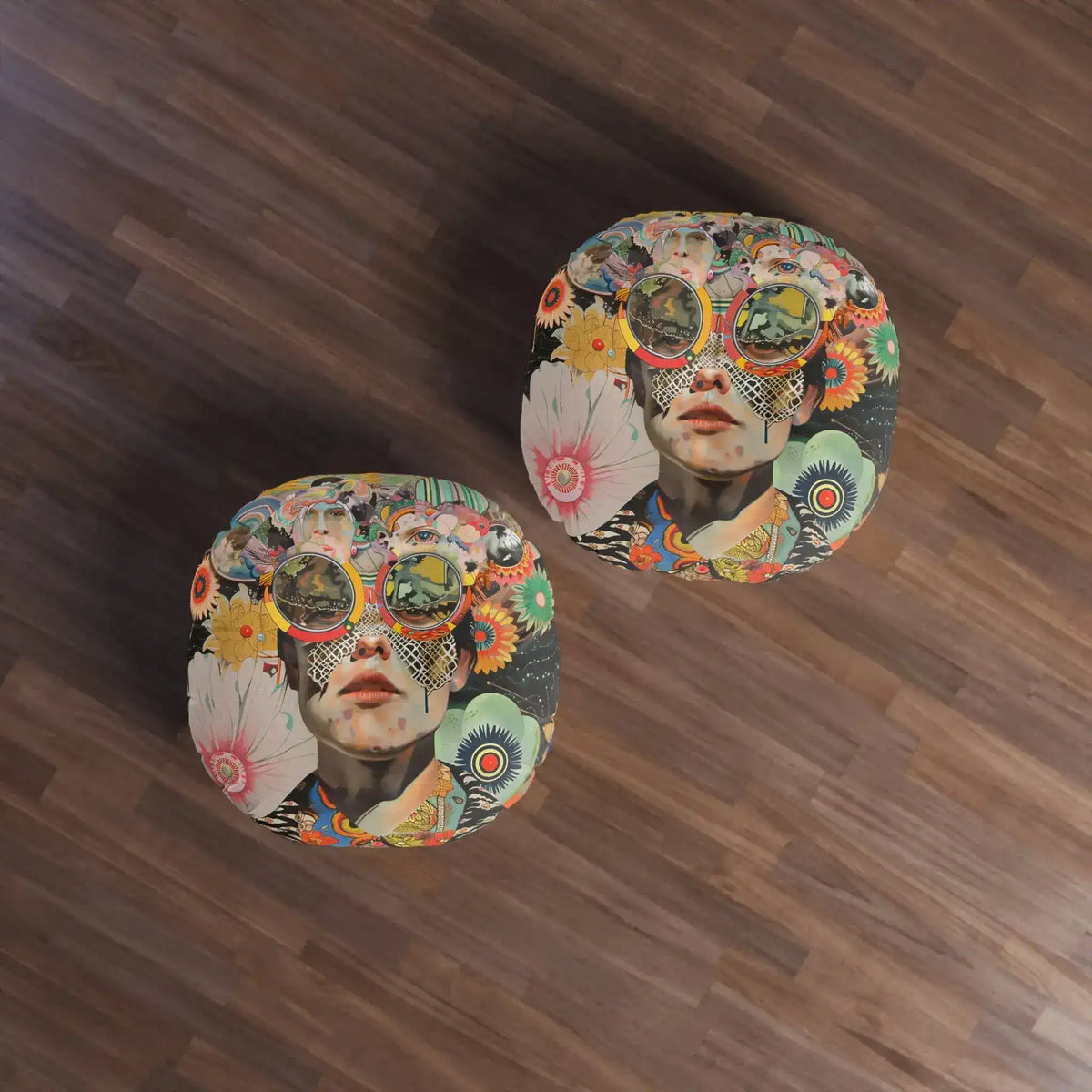 Two Vibrant Psychedelic Portrait Floor Pillows on dark hardwood floor photographed from above showing colorful collage art faces and floral patterns