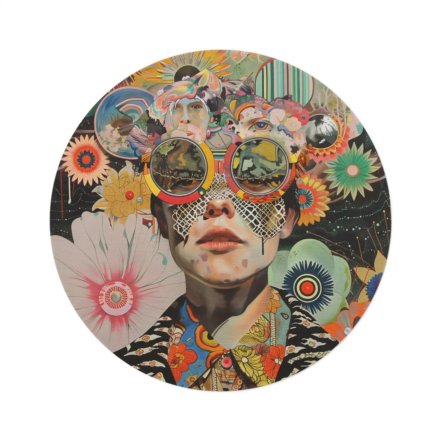 Vibrant Psychedelic Portrait round rug flat view: surreal collage face with oversized mirrored sunglasses, colorful flowers and abstract patterns
