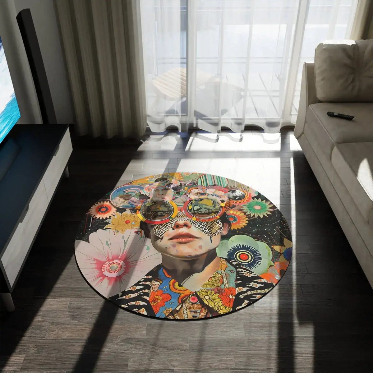 Vibrant Psychedelic Portrait round rug in dark living room near TV, surreal floral face collage design visible on floor