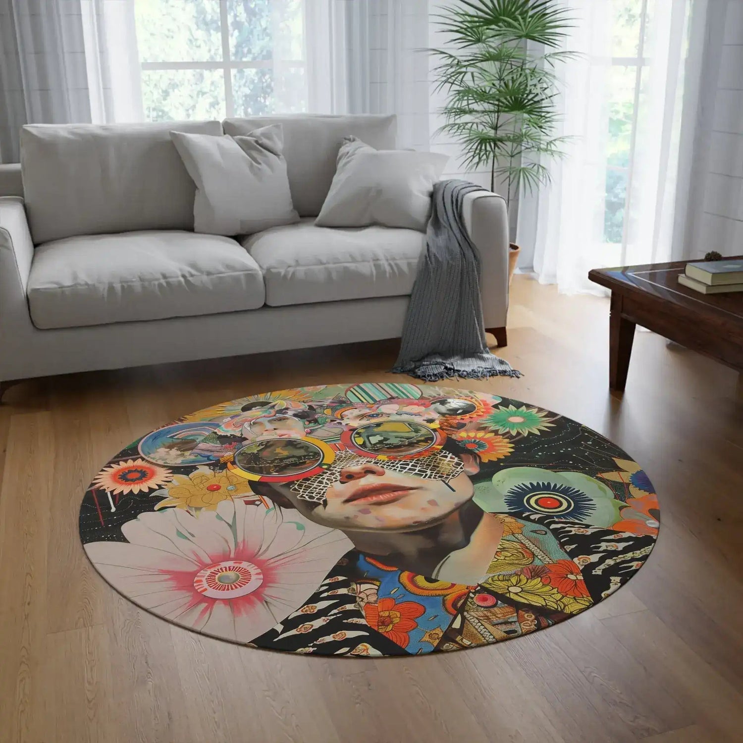 Vibrant Psychedelic Portrait round rug in bright living room with gray sofa and wood floor, bold surreal portrait design