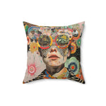 Vibrant Psychedelic Portrait Throw Pillow larger centered crop showing full psychedelic collage pattern on white background