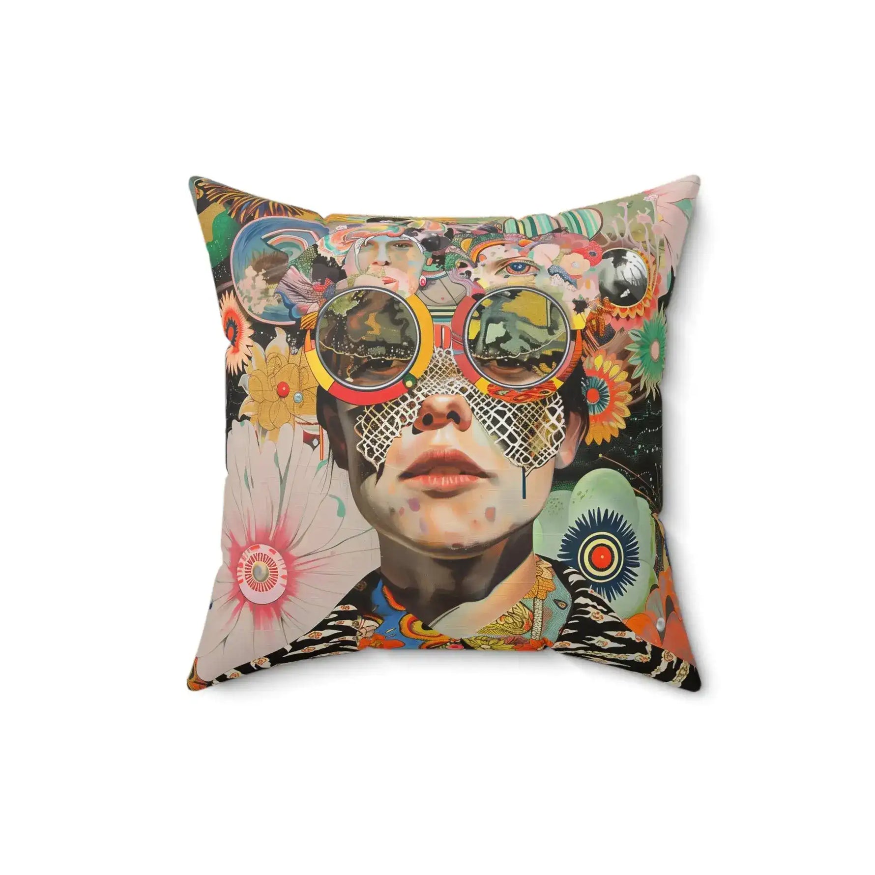 Vibrant Psychedelic Portrait Throw Pillow larger centered crop showing full psychedelic collage pattern on white background