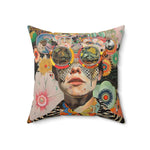 Vibrant Psychedelic Portrait Throw Pillow slightly different framing with darker left edge showing colorful portrait collage