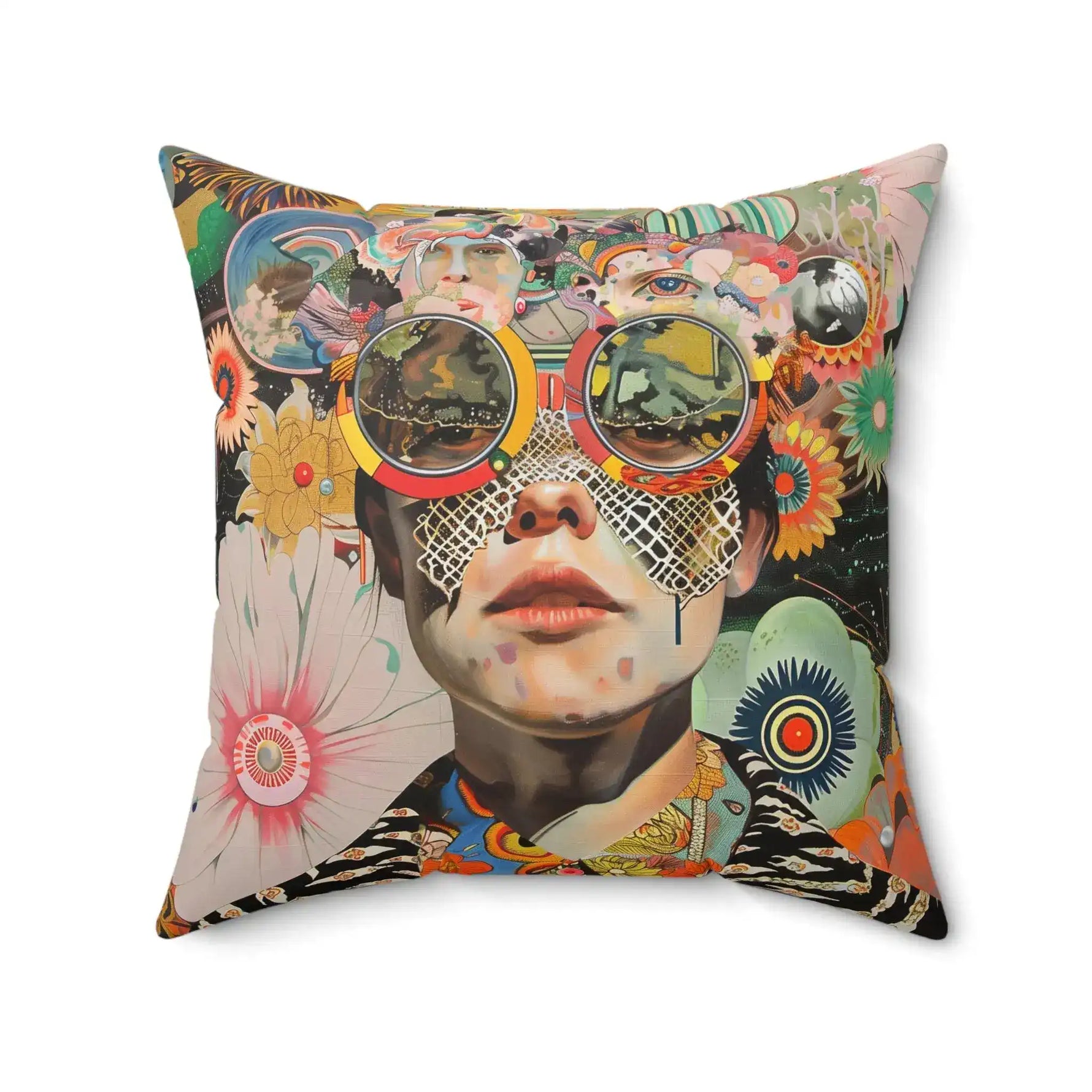 Vibrant Psychedelic Portrait Throw Pillow larger filled crop showing full square cushion with psychedelic woman portrait