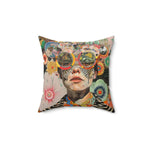 Vibrant Psychedelic Portrait Throw Pillow smaller centered on white background showing full square cushion with portrait collage