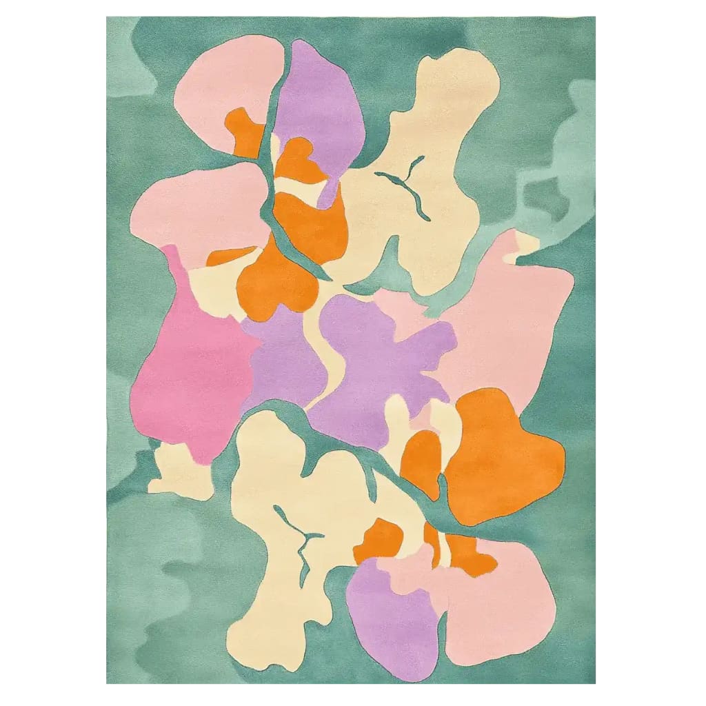 Top view of the Vibrant Valley Flow Hand Tufted Rug, showcasing a colorful abstract design with pastel shades of green, pink, purple, and orange. This contemporary wool area rug is perfect for large living rooms, offering a stylish and modern touch.