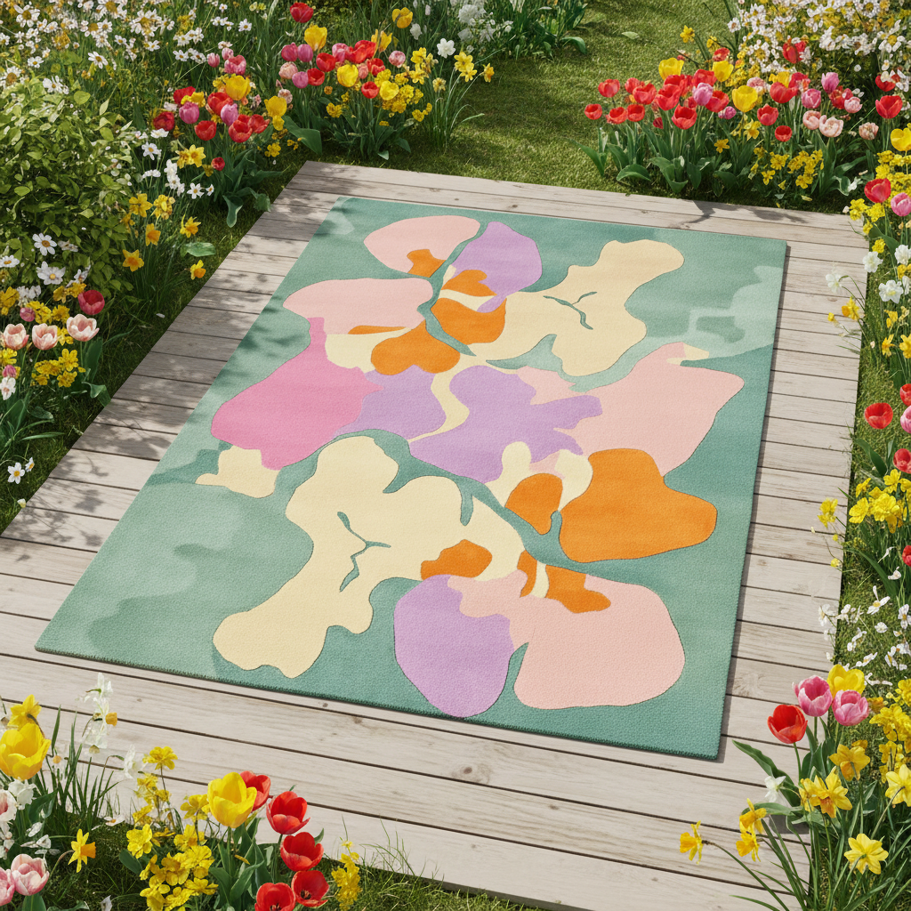 Colorful floral-patterned rug on a wooden deck with flowers around
