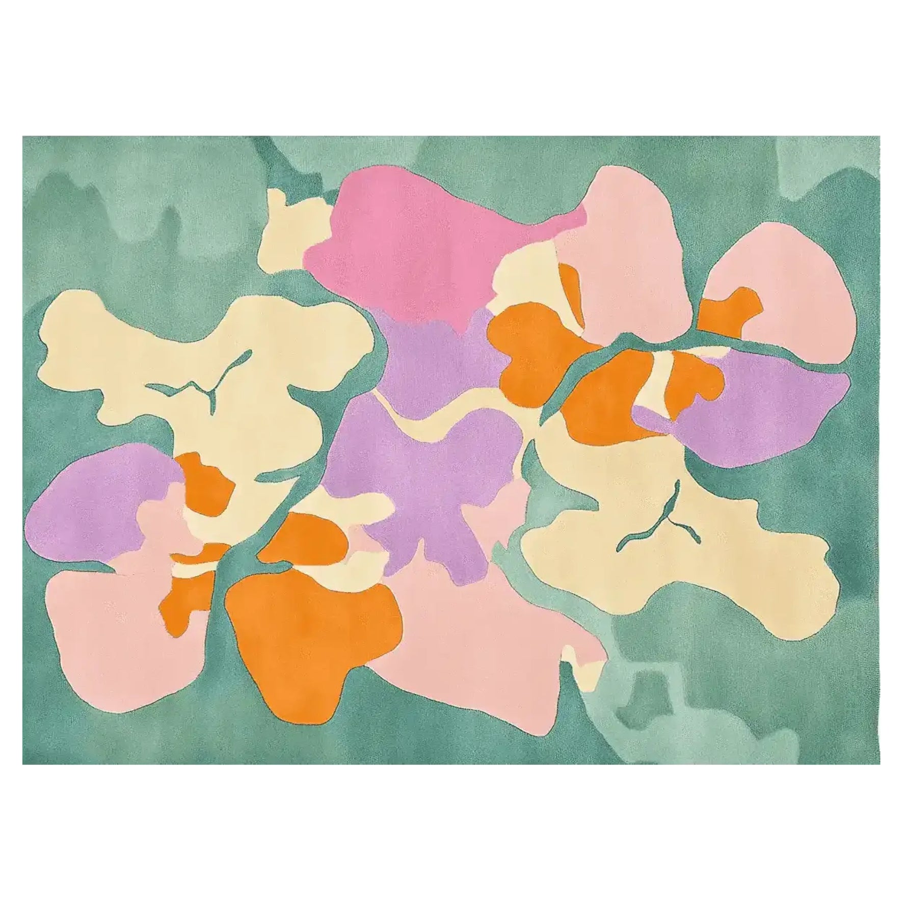 A vibrant and colorful area rug perfect for contemporary living rooms. This large wool rug features an abstract design with bold splashes of orange, pink, purple, and cream against a soothing green background, ideal for adding a touch of artful elegance to your space.