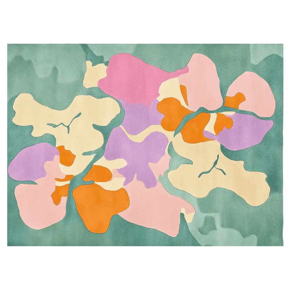 A vibrant and colorful area rug perfect for contemporary living rooms. This large wool rug features an abstract design with bold splashes of orange, pink, purple, and cream against a soothing green background, ideal for adding a touch of artful elegance to your space.