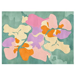 A vibrant and colorful area rug perfect for contemporary living rooms. This large wool rug features an abstract design with bold splashes of orange, pink, purple, and cream against a soothing green background, ideal for adding a touch of artful elegance to your space.