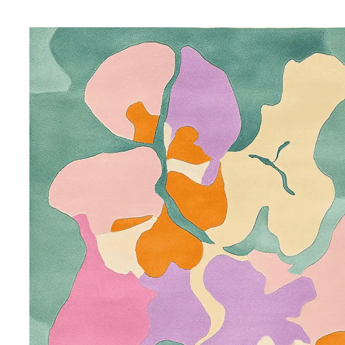 A vibrant and contemporary area rug featuring an abstract floral design with bold colors such as pink, orange, purple, and green. This hand-tufted wool rug adds a splash of color and modern flair to any living room, making it an ideal choice for those seeking large living room rugs with artistic appeal.