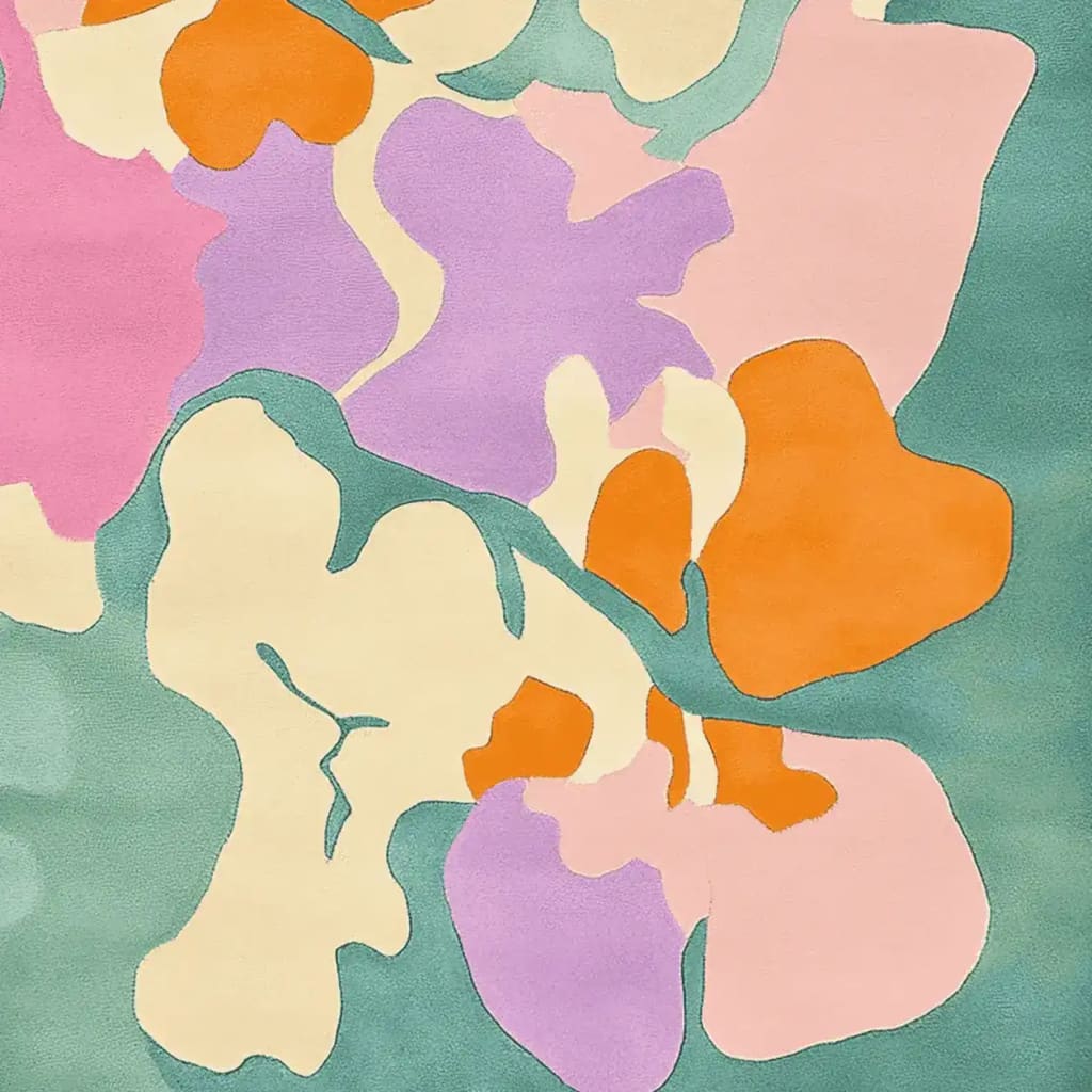 The Vibrant Valley Flow Hand Tufted Rug showcases a stunning abstract design with bold splashes of orange, pink, purple, and teal, perfect for adding a contemporary touch to any living space. This wool area rug is ideal for large living rooms, providing a vibrant and stylish accent to your home decor.