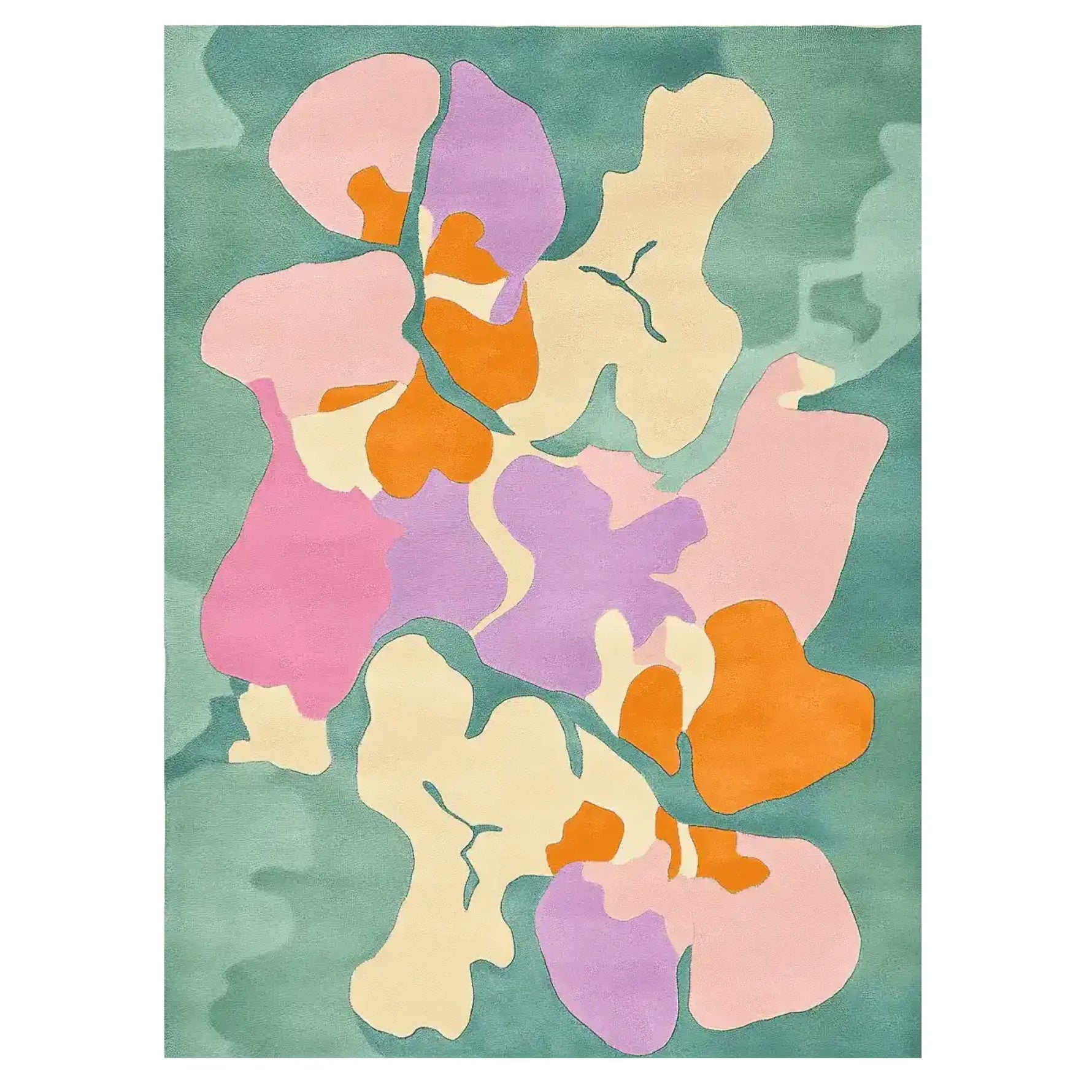 Top view of the Vibrant Valley Flow Hand Tufted Rug, showcasing a colorful abstract design with pastel shades of green, pink, purple, and orange. This contemporary wool area rug is perfect for large living rooms, offering a stylish and modern touch.