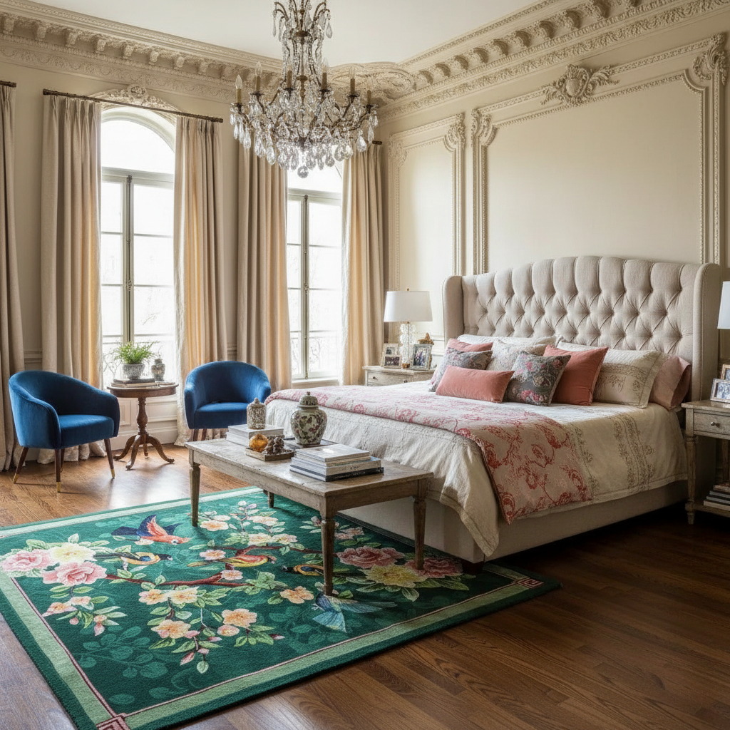 Luxurious bedroom with a large bed, a floral hand-tufted wool rug, decorative pillows, and a chandelier.