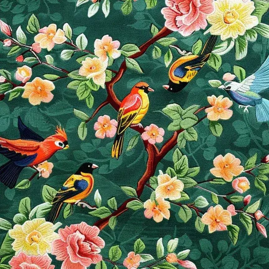This vibrant vintage hand-tufted area rug features an intricate design with colorful birds perched on flowering branches against a deep green background. Perfect for adding a touch of elegance to your living room, this wool rug is a stunning example of a large square area rug that enhances any space. Ideal for those looking for large area rugs for living room decor.