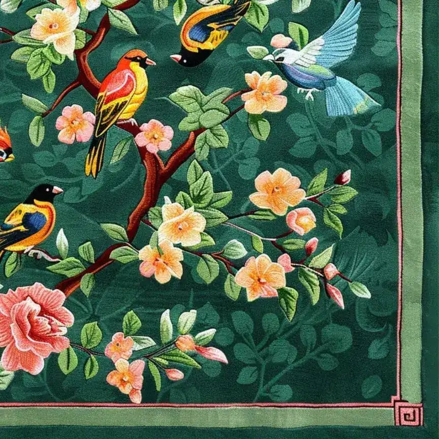 A vibrant vintage hand tufted area rug featuring colorful birds perched on flowering branches against a deep green background. This wool rug is perfect for adding a touch of nature to your living room. The square rug design offers a large area coverage, making it ideal as a square area rug for living room settings.