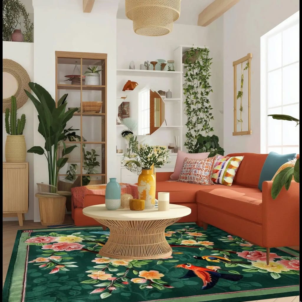 A vibrant vintage hand-tufted area rug in a living room, showcasing a colorful floral design. This large wool rug perfectly complements the modern living room decor, adding warmth and style. Ideal as a square area rug for living rooms, it enhances the cozy ambiance with its intricate patterns.