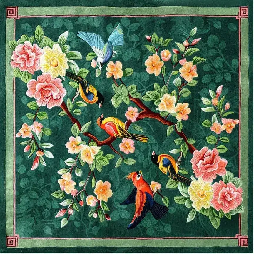 A vibrant vintage hand-tufted area rug featuring colorful birds and blooming flowers on a green background. This wool rug, perfect for a living room, showcases a square design ideal for large area spaces, adding a touch of elegance to any setting.