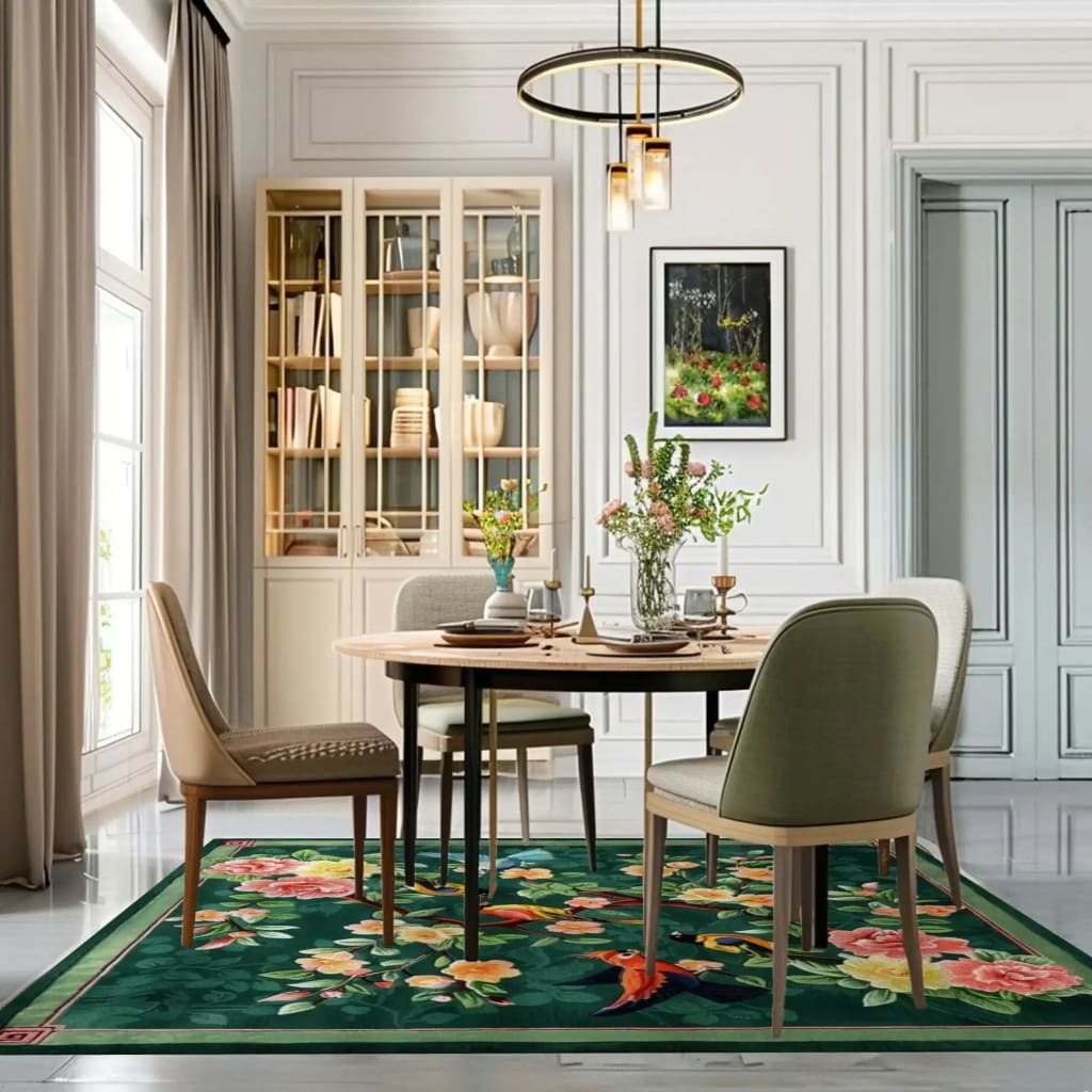 A vibrant vintage hand-tufted wool rug in a living room setting. This square area rug features colorful floral designs, complementing the elegant dining setup. Ideal for adding charm to large living rooms, this area rug showcases its intricate patterns and rich colors, serving as a stylish centerpiece.