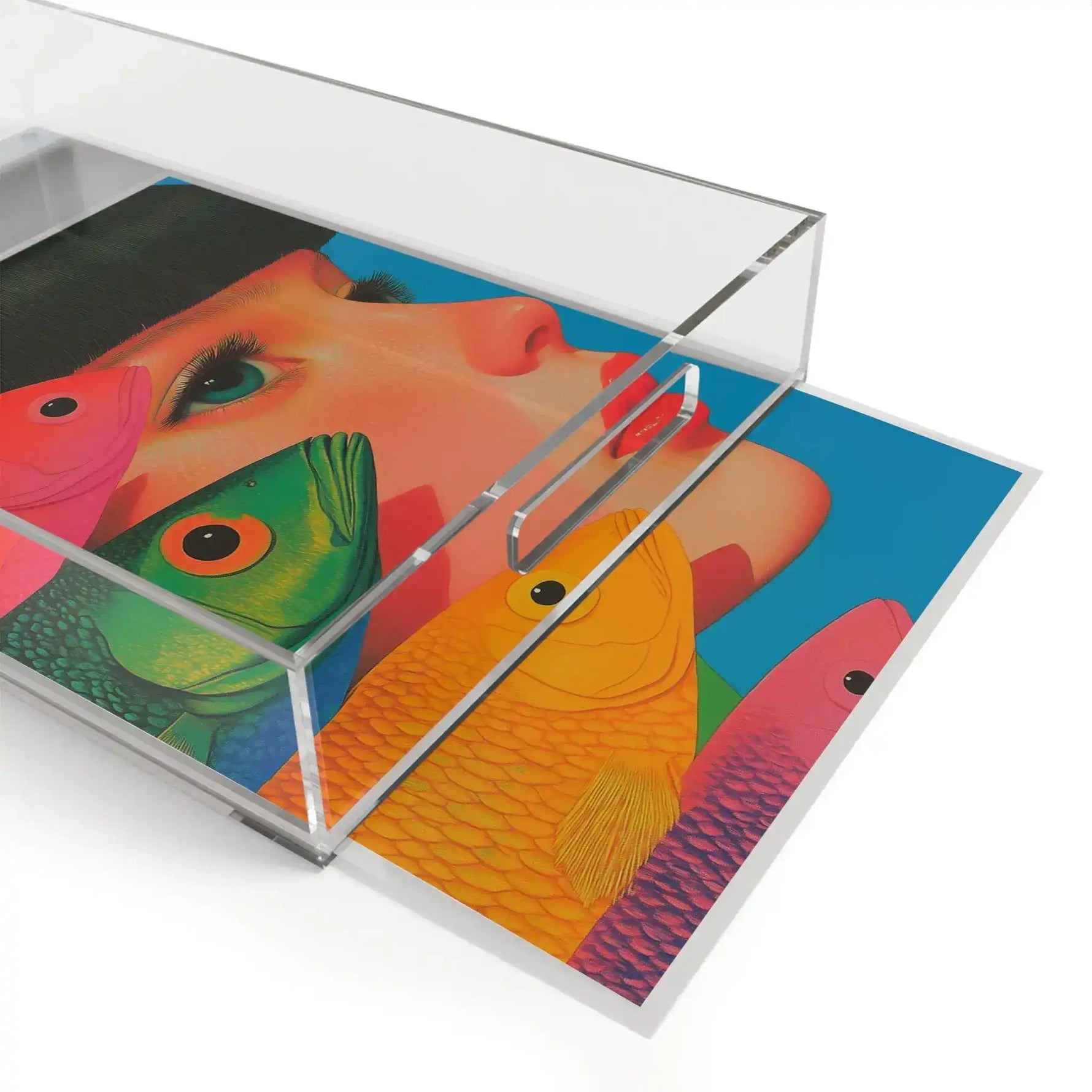 Angled Vibrant Vision Surreal Girl Fish Art Serving Tray with decorative items inside, surreal profile and fish art visible