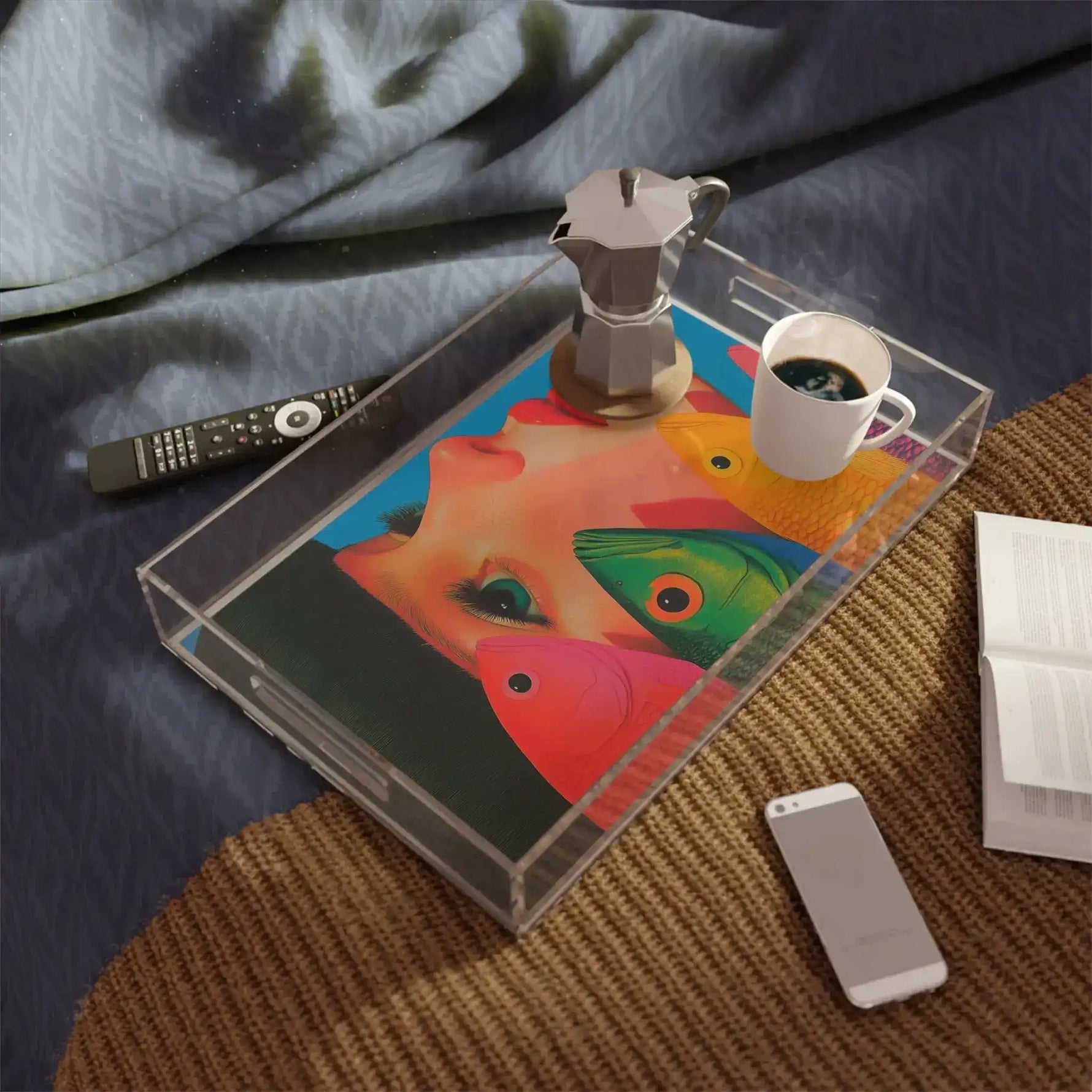 Vibrant Vision Surreal Girl Fish Art Serving Tray on a dark table with drinks, surreal woman-and-fish artwork lifestyle