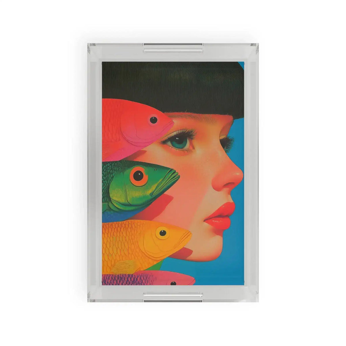 Clear acrylic Vibrant Vision Surreal Girl Fish Art Serving Tray, woman's profile with green eye and colorful fish on blue