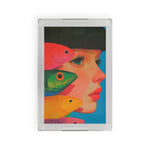 Clear acrylic Vibrant Vision Surreal Girl Fish Art Serving Tray, woman's profile with green eye and colorful fish on blue