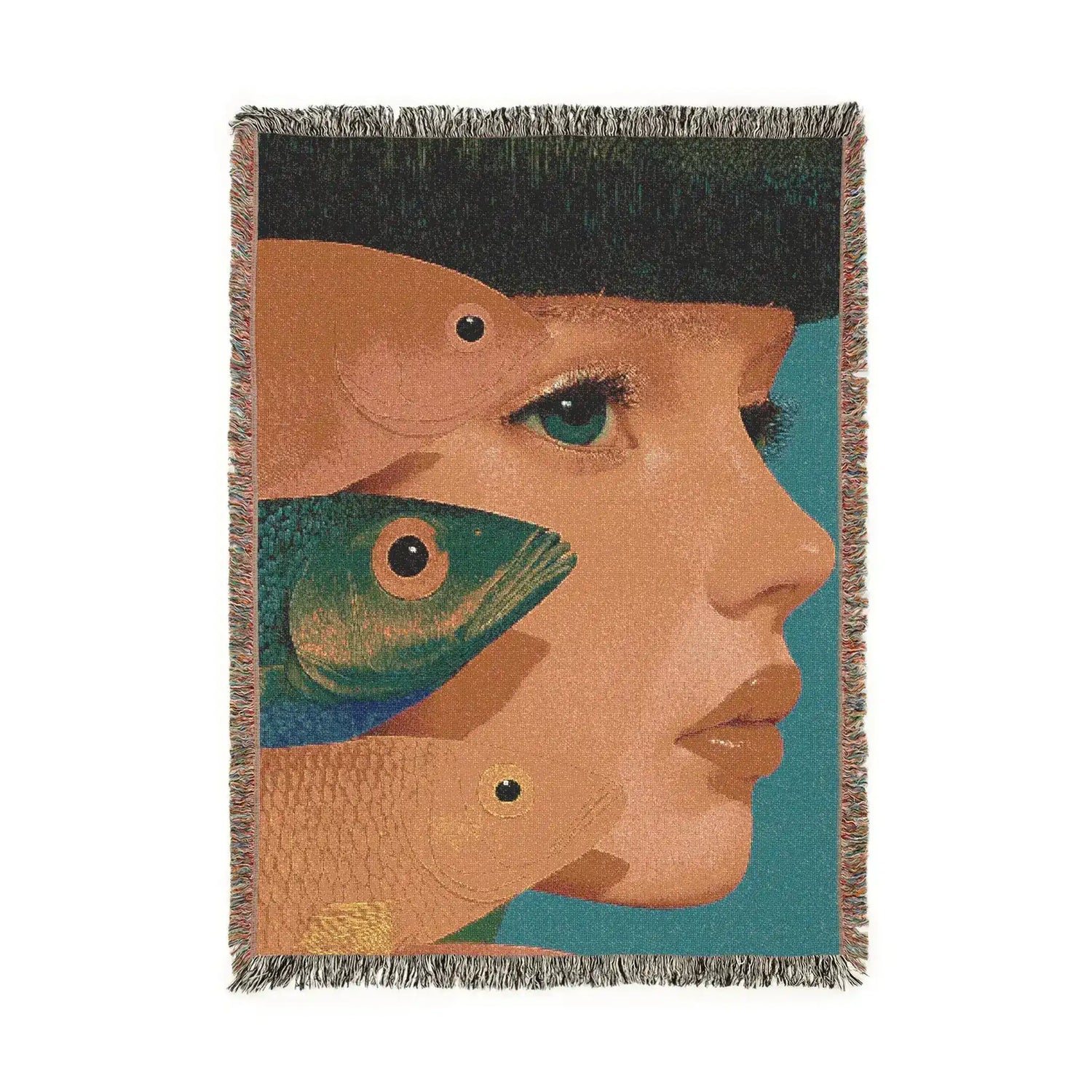 Vibrant Vision Surreal Girl and Multicolor Fish Art Woven Blanket corner detail pink navy room gold table leg backing