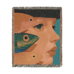 Vibrant Vision Surreal Girl and Multicolor Fish Art Woven Blanket floor detail pink floral rug and gold table backing