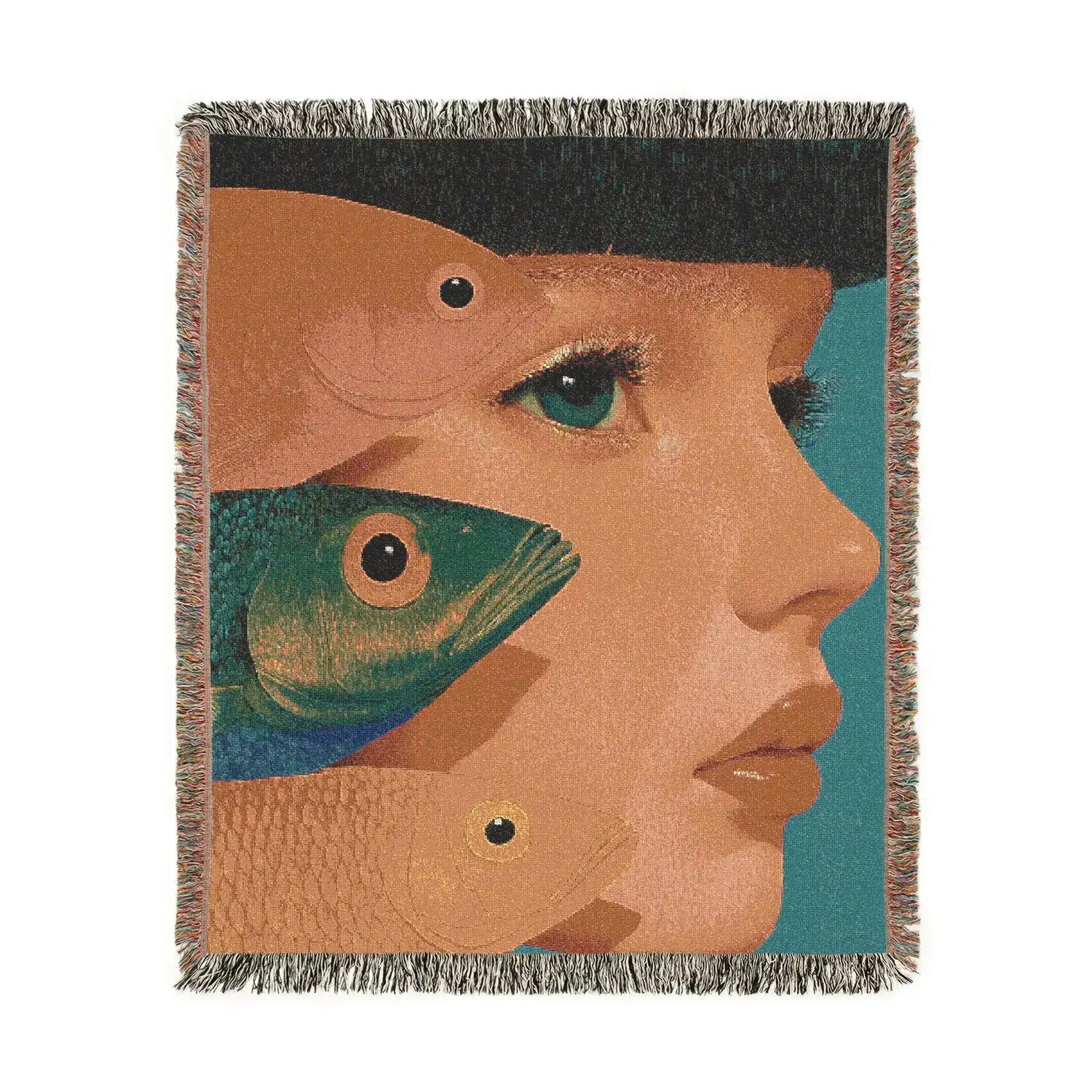 Vibrant Vision Surreal Girl and Multicolor Fish Art Woven Blanket floor detail pink floral rug and gold table backing
