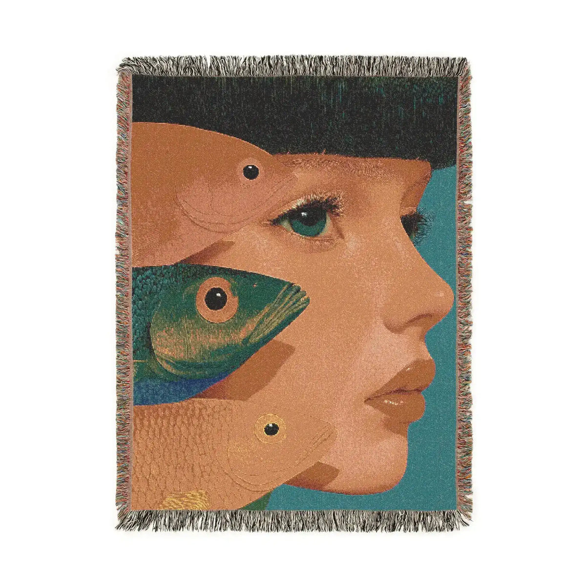 Vibrant Vision Surreal Girl and Multicolor Fish Art Woven Blanket face in profile superimposed fish teal fringe front