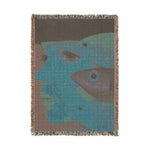 Vibrant Vision Surreal Girl and Multicolor Fish Art Woven Blanket reverse side muted teal face fish design fringe