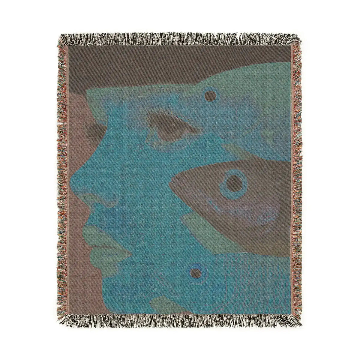 Vibrant Vision Surreal Girl and Multicolor Fish Art Woven Blanket square format teal fish face muted back fringe