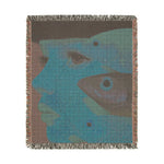 Vibrant Vision Surreal Girl and Multicolor Fish Art Woven Blanket square format teal fish face muted back fringe