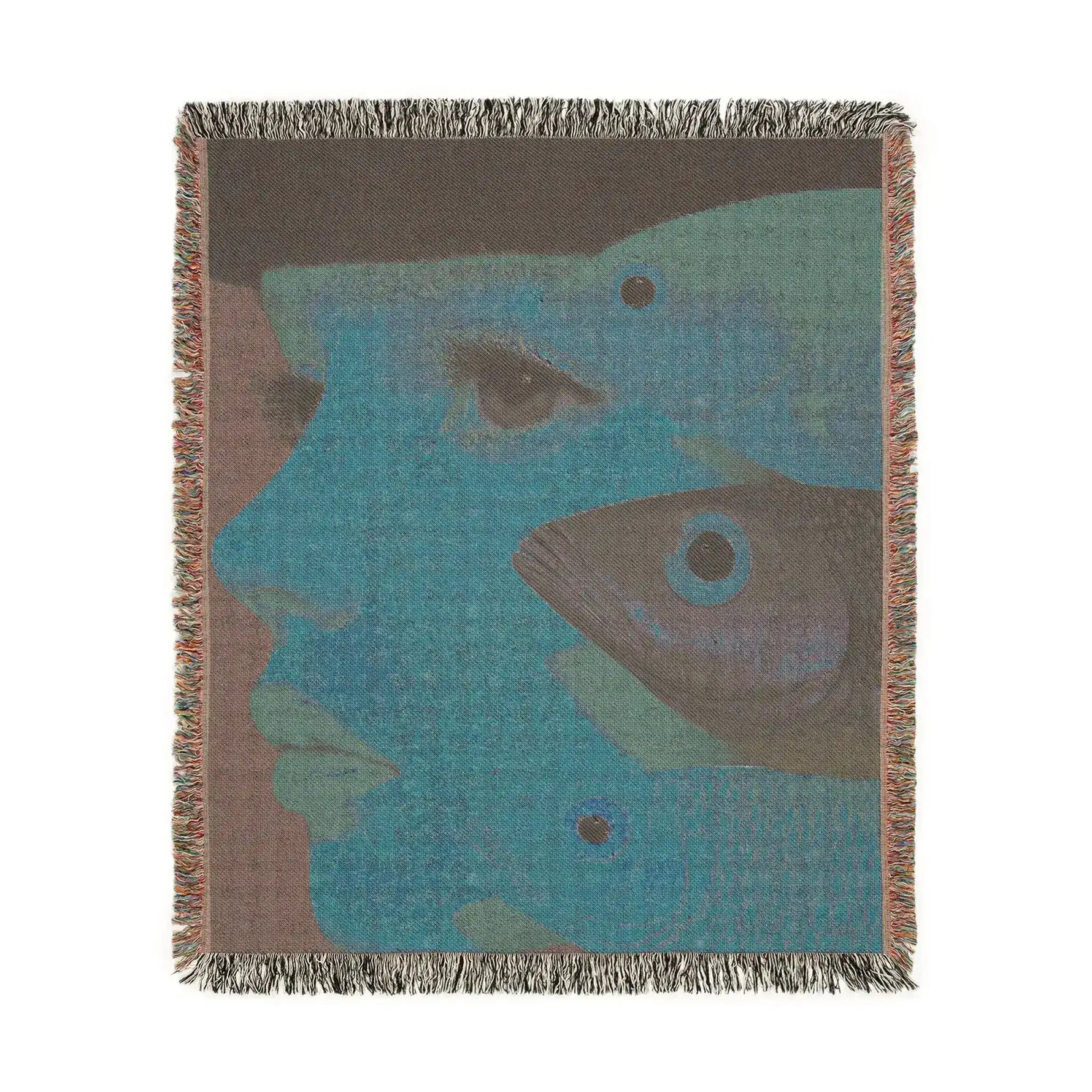 Vibrant Vision Surreal Girl and Multicolor Fish Art Woven Blanket square format teal fish face muted back fringe