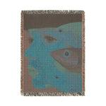 Vibrant Vision Surreal Girl and Multicolor Fish Art Woven Blanket portrait format teal face and fish woven cotton fringe