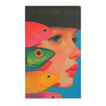 Surreal profile of woman's face layered with pink, green, and golden fish on blue background, front view of the Vibrant Vision Surreal Girl & Multicolor Fish Art rug