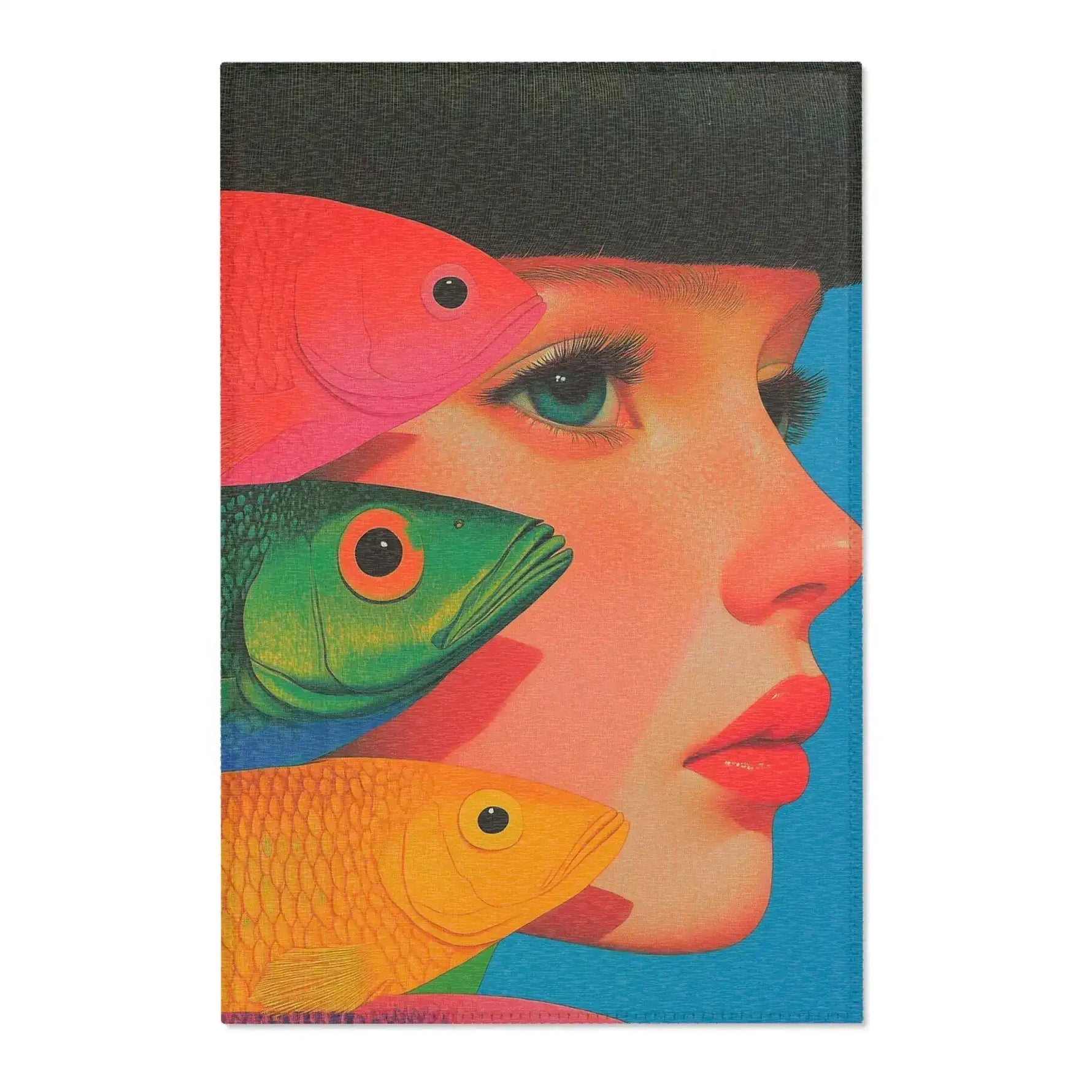 Pop-art woman's face in profile with three colorful overlapping fish in pink green and gold, full view of the Vibrant Vision Surreal Girl & Multicolor Fish Art rug