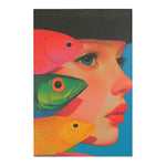Side-profile girl with bold multicolor fish in red green and yellow floating across a blue field on the Vibrant Vision Surreal Girl & Multicolor Fish Art rug