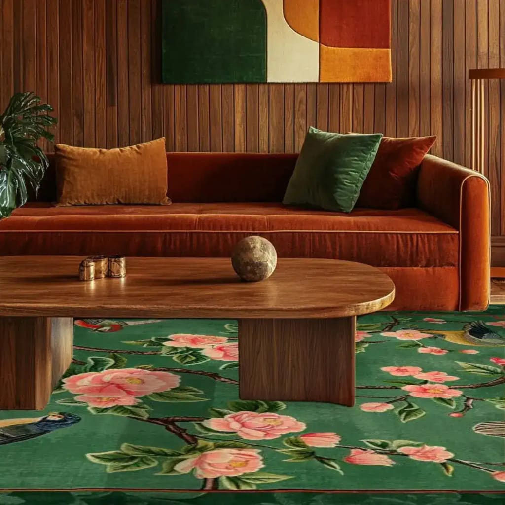 A beautifully vibrant area rug with floral patterns in a large living room setting. The wool rug features a lush green background with pink flowers, adding elegance to the square area rug. It's perfectly placed under a wooden coffee table in a cozy living room, complementing the warm tones of the surrounding decor.