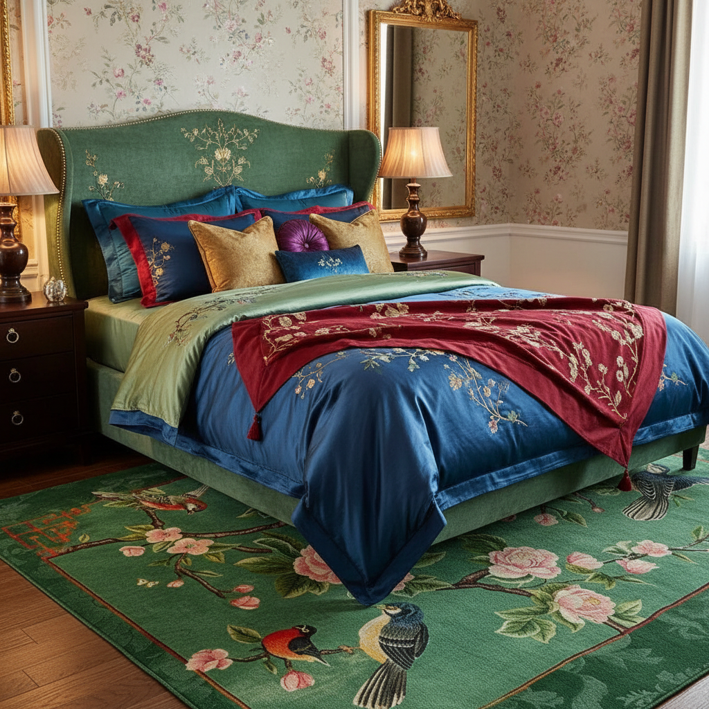 Decorative bedroom with floral wallpaper, green upholstered bed, and colorful bedding.