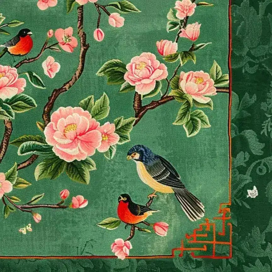 A beautifully detailed area rug featuring vibrant floral patterns with pink flowers and birds against a rich green background. This wool rug is perfect for adding elegance to large living rooms as a square area rug, offering a touch of nature-inspired beauty. Ideal for those seeking unique area rugs for living room or floral rug designs.
