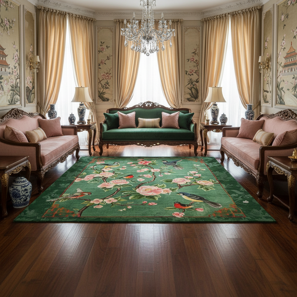 Luxurious living room with ornate furniture and a floral rug.